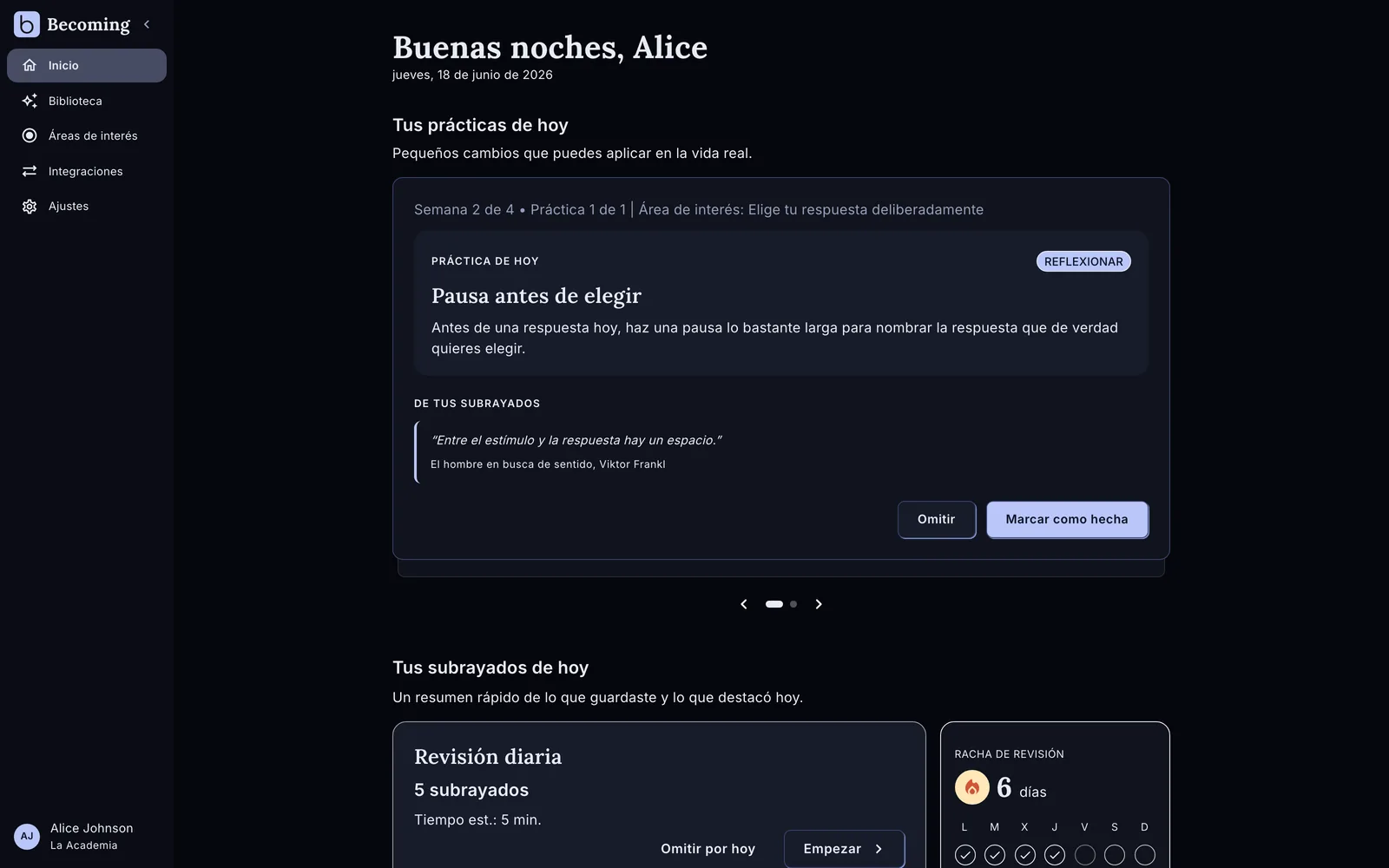 La app de Becoming mostrando la práctica de hoy, creada a partir de tus subrayados
