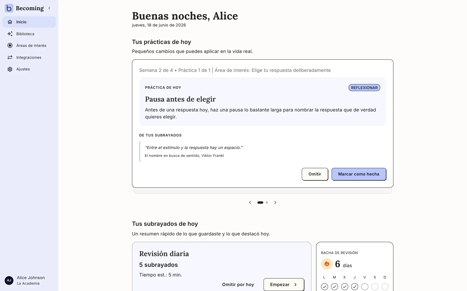 La app de Becoming mostrando la práctica de hoy, creada a partir de tus subrayados