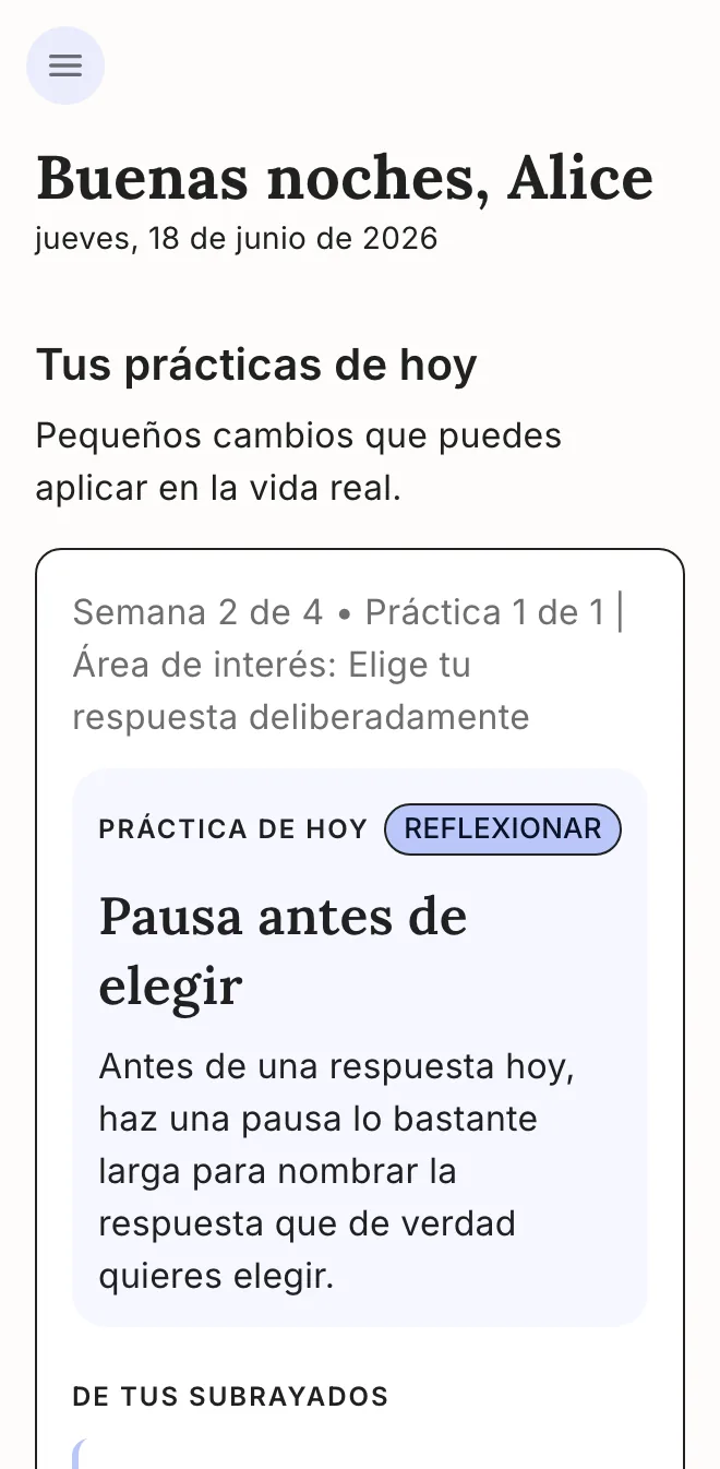 La app de Becoming mostrando la práctica de hoy, creada a partir de tus subrayados