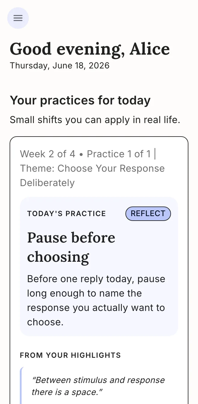 The Becoming app showing today's practice, drawn from your own highlights